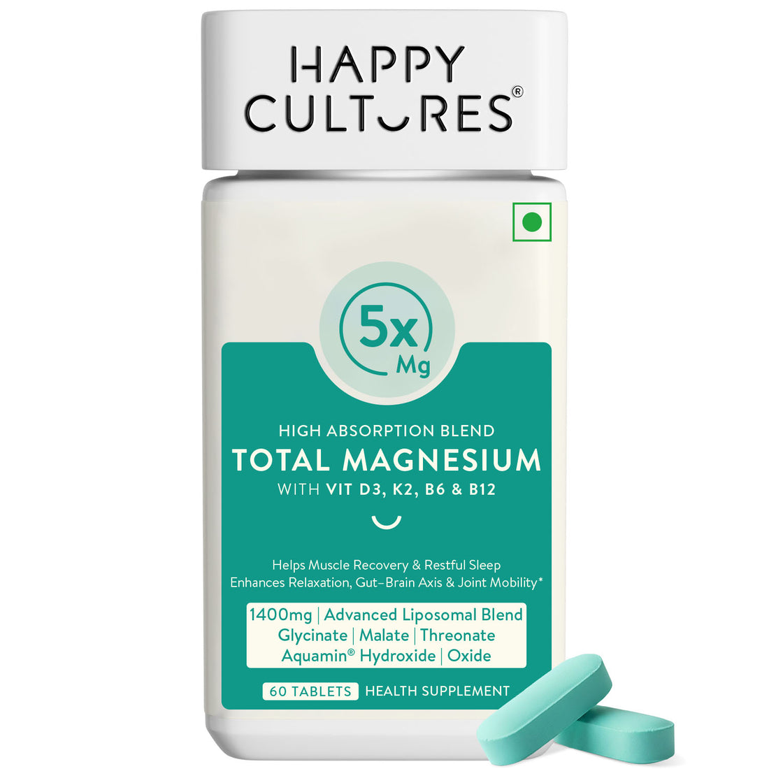 Happy Cultures 5X Total Magnesium | 1400mg Blend of 5x Mg Complex | 440mg Elemental Magnesium | Vitamin D3, K2, B6, B12