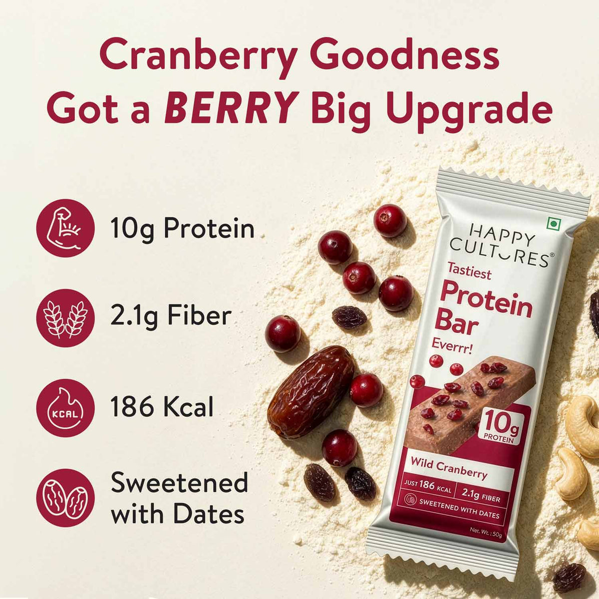 Happy Cultures 10g Tastiest Protein Bar - Wild Cranberry