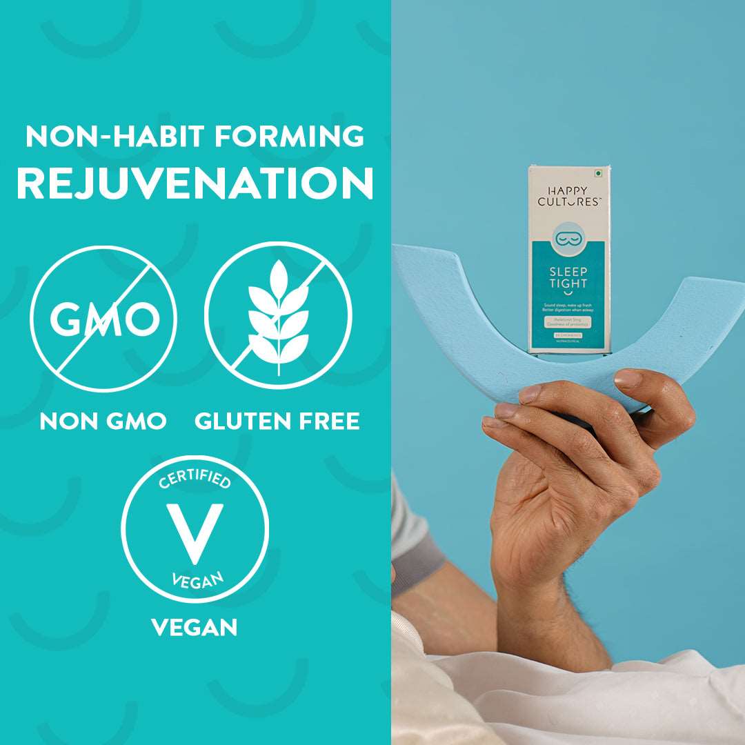 These vegan and gluten-free melatonin tablets contain prebiotic and probiotic strains especially for Indians.