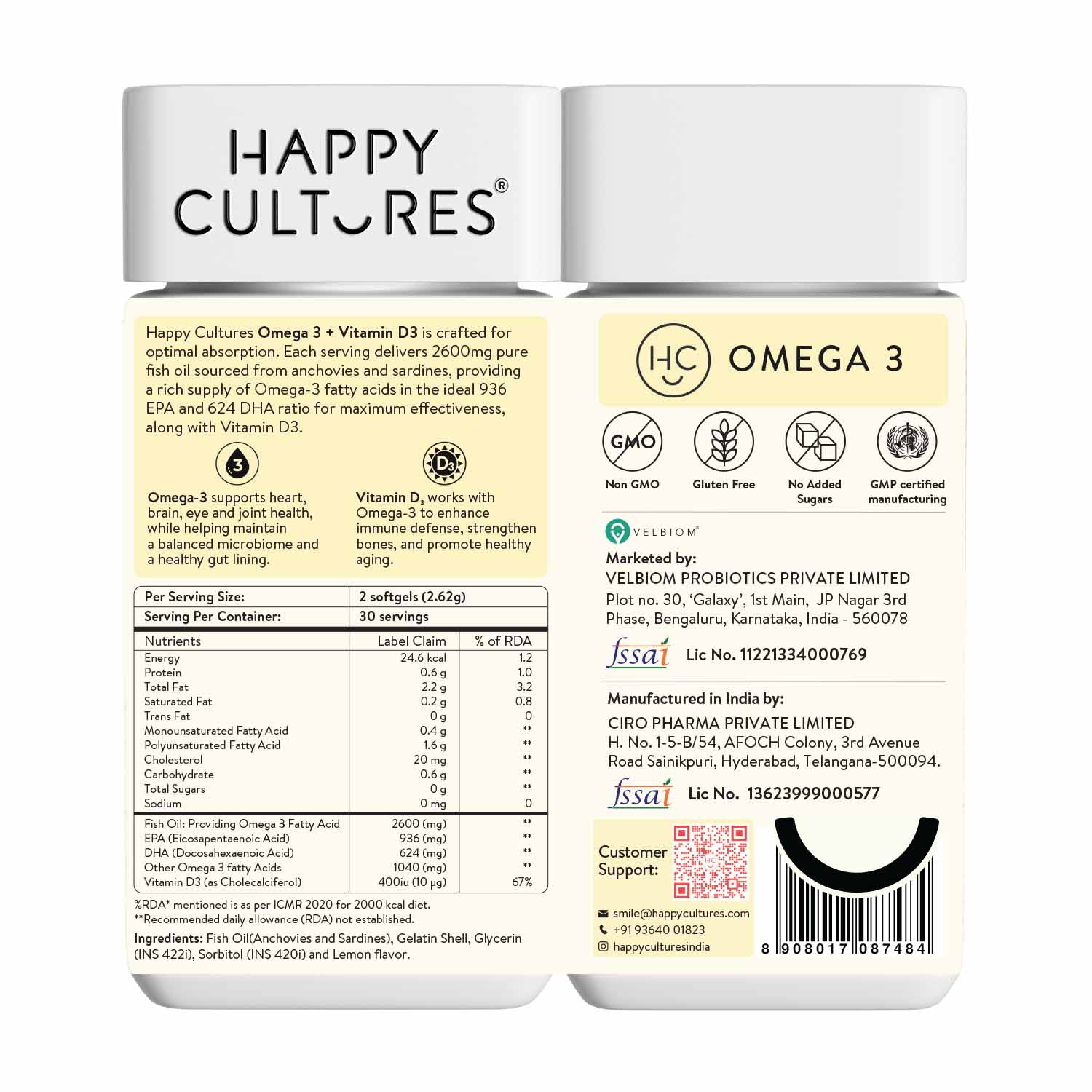 Happy Cultures 5X Omega 3 Fish Oil | 2600 Mg | 936 mg EPA 624 mg DHA | No Fishy Burp | Lemon Flavour- 60 Softgels for Men & Women