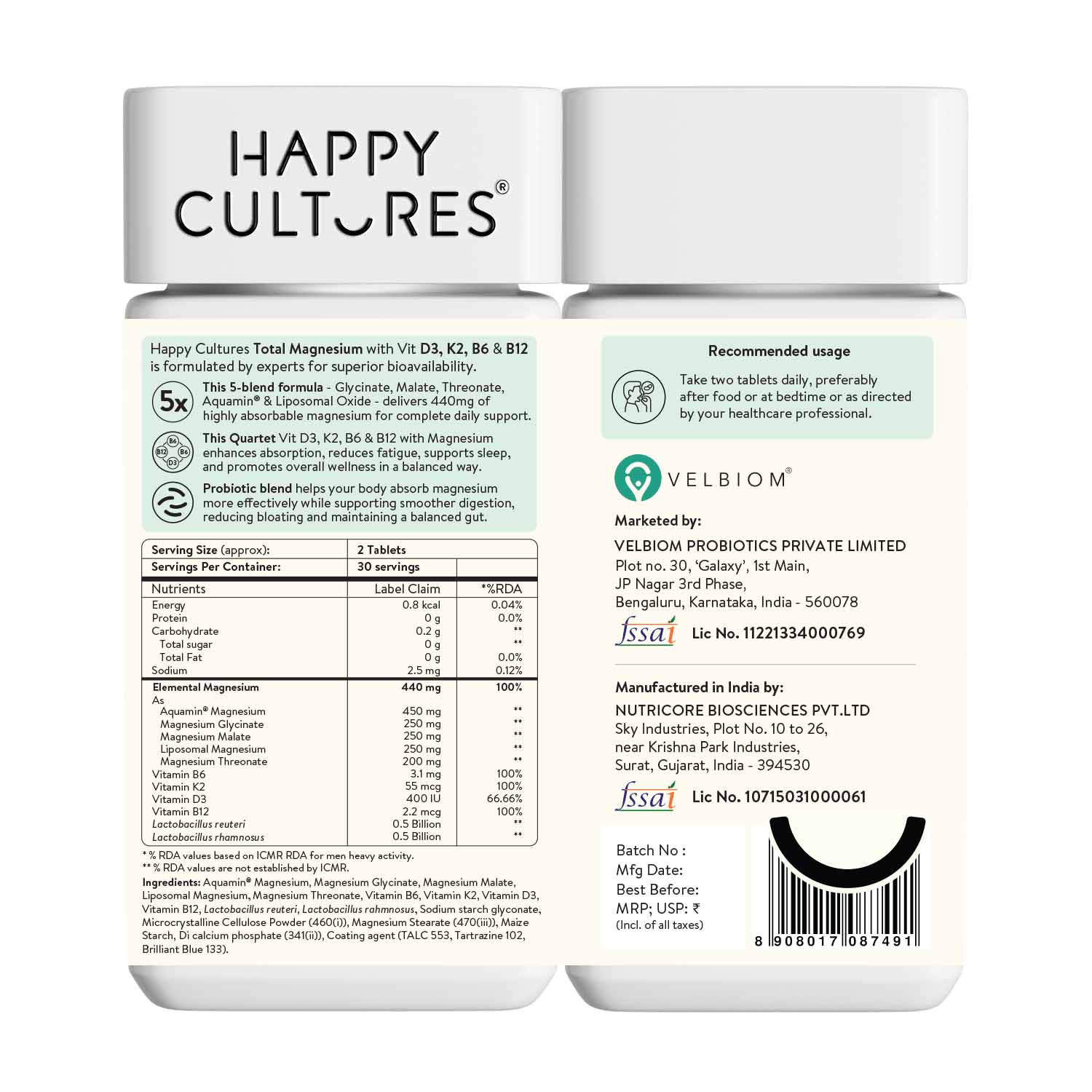 Happy Cultures 5X Total Magnesium | 1400mg Blend of 5x Mg Complex | 440mg Elemental Magnesium | Vitamin D3, K2, B6, B12