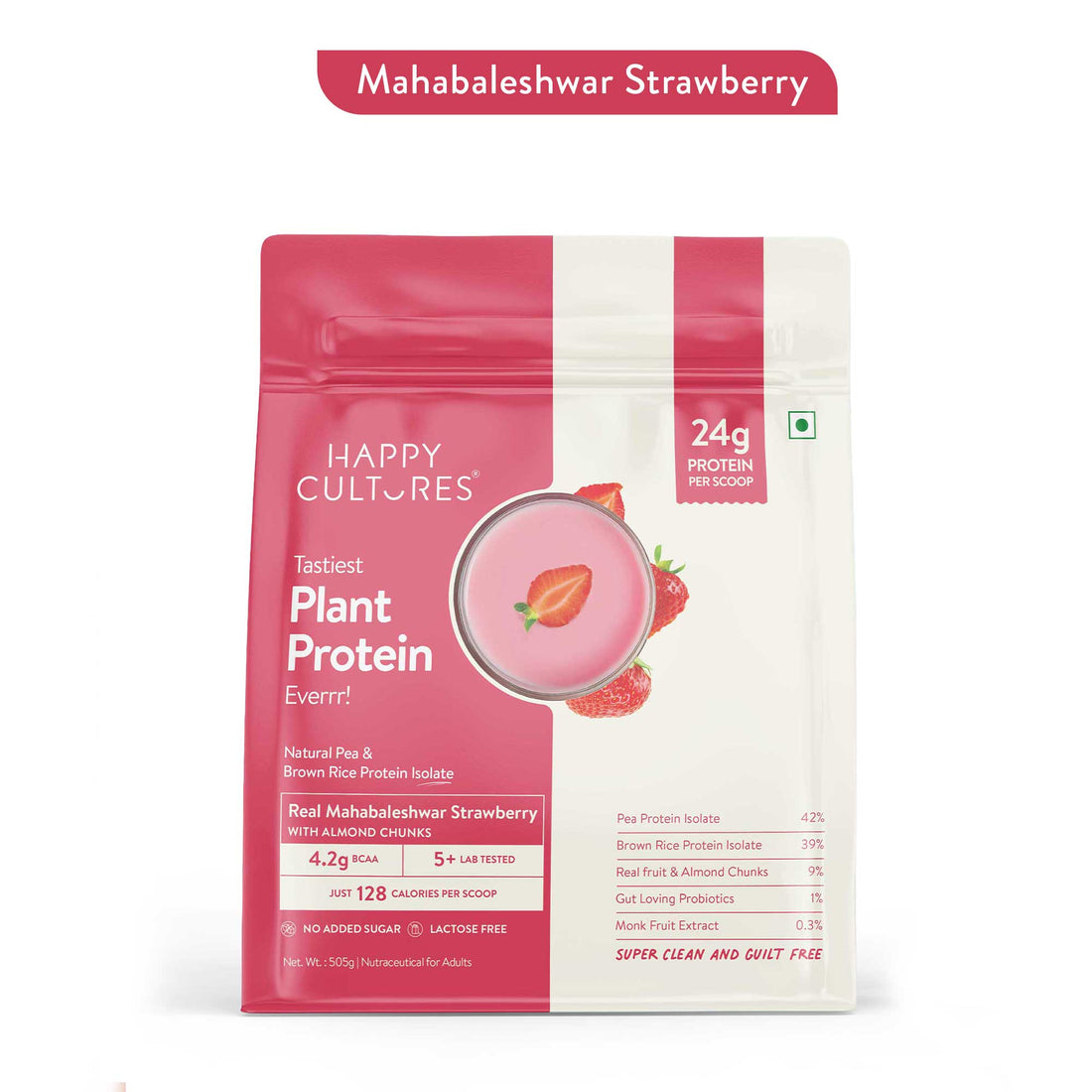The Tastiest Plant Protein Everrr | Mahabaleshwar Strawberry | 24g Protein Per Scoop 505g - Strawberry