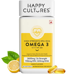Happy Cultures 5X Omega 3 Fish Oil | 2600 Mg | 936 mg EPA 624 mg DHA |  No Fishy Burp | Lemon Flavour- 60 Softgels for Men & Women