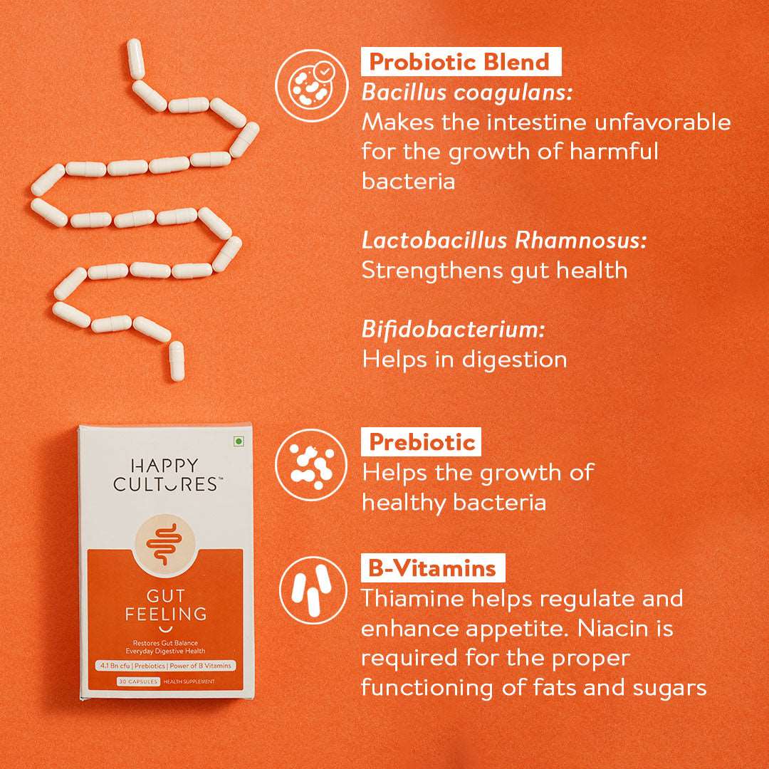 Prebiotic and probiotic capsules by Happy Cultures contain lactobacillus for improved digestion.