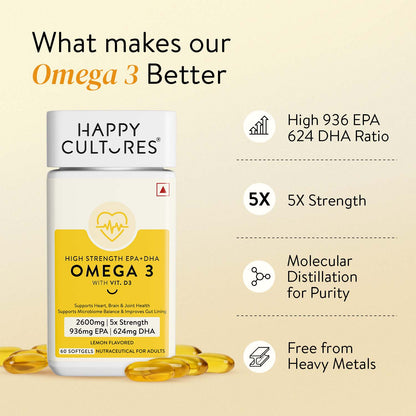 Happy Cultures 5X Omega 3 Fish Oil | 2600 Mg | 936 mg EPA 624 mg DHA |  No Fishy Burp | Lemon Flavour- 60 Softgels for Men &amp; Women